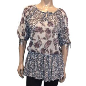 Samsara Paisley Tunic Top Tie Sleeve Peplum Off Shoulder Flowy Blouse Size 8